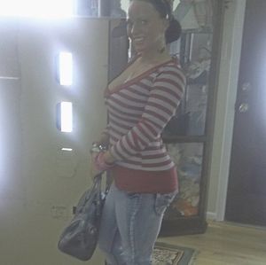 Guess Pink & Grey Striped Vneck Top